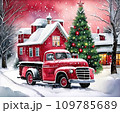A red retro Christmas truck with gifts and a Christmas tree in the back near a decorated house in winter with snow. A holiday card for Christmas and New Year. 109785689