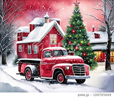 A red retro Christmas truck with gifts and a Christmas tree in the back near a decorated house in winter with snow. A holiday card for Christmas and New Year. 109785689
