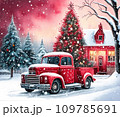 A red retro Christmas truck with gifts and a Christmas tree in the back near a decorated house in winter with snow. A holiday card for Christmas and New Year. 109785691