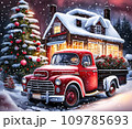 A red retro Christmas truck with gifts and a Christmas tree in the back near a decorated house in winter with snow. A holiday card for Christmas and New Year. 109785693