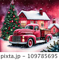 A red retro Christmas truck with gifts and a Christmas tree in the back near a decorated house in winter with snow. A holiday card for Christmas and New Year. 109785695
