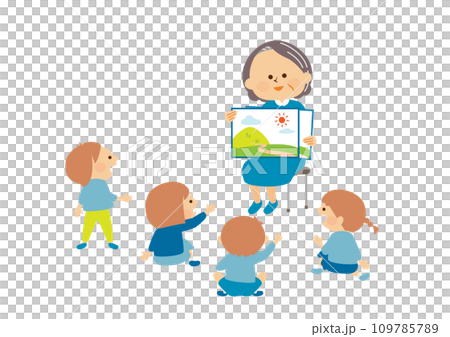 紙芝居　読み聞かせをするシニアと幼稚園児たち　イラスト素材 109785789