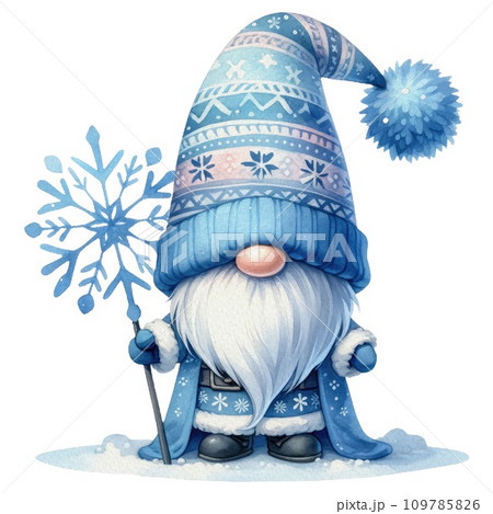 Blue Winter Gnome Wonderland Watercolor Illustration. Cute Whimsical Sublimation Clipart. 109785826