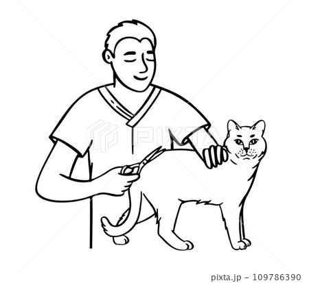 Pet grooming cat. Salon for animals. Doodle style animal and character hand drawn. Vector illustration. 109786390