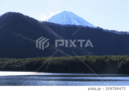 西湖から見る冬の冠雪した富士山 109786475
