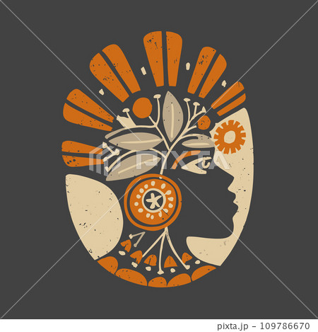 AI-generated content. Oval shaped Design for a Tshirt or an Logo, a Stylized Profile of a Womans Head with Floral Decor and Jewelry, Abstract Art in Orange Gray White Colors, using a Negative Space AI-generated content. Oval shaped Design for a Tshirt or an Logo, a Stylized Profile of a Womans Head with Floral Decor and Jewelry, Abstract Art in Orange Gray White Colors, using a Negative Space 109786670