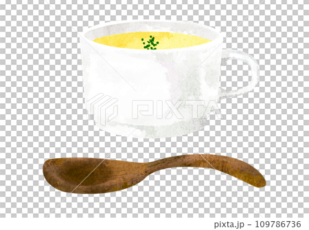 Corn potage soup with soup cup and wooden spoon painted by watercolor 109786736