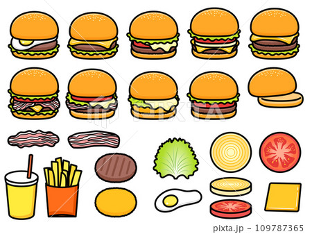 いろいろなハンバーガーその具材 イラストセット いろいろなハンバーガーその具材 イラストセット 109787365