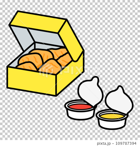 一盒雞塊、醬汁和番茄醬 一盒雞塊、醬汁和番茄醬 109787394