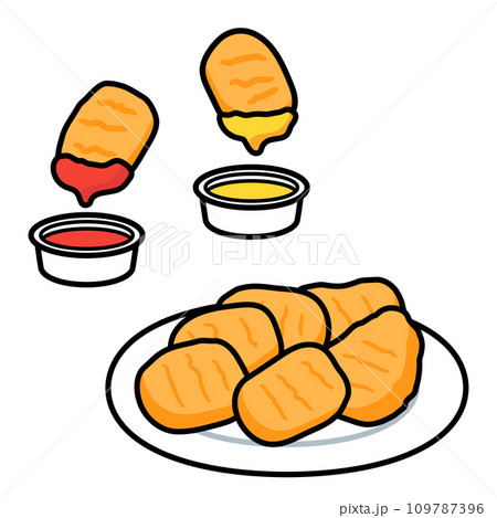 皿に盛ったチキンナゲットと、ソース・ケチャップ 109787396