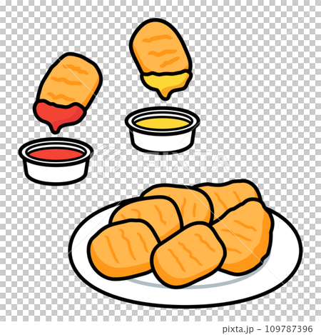 皿に盛ったチキンナゲットと、ソース・ケチャップ 109787396