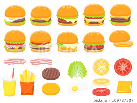 いろいろなハンバーガーその具材 イラストセット いろいろなハンバーガーその具材 イラストセット 109787507