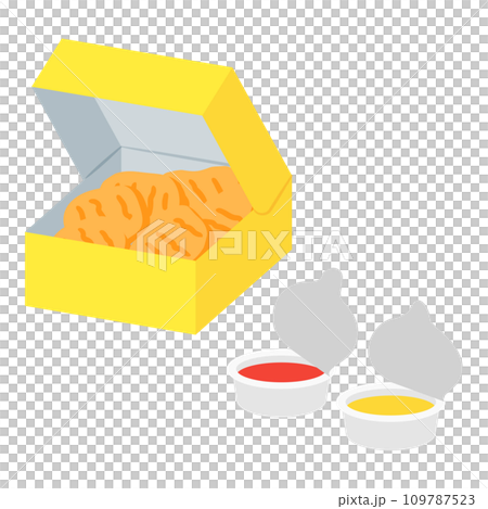 Box of chicken nuggets, sauce and ketchup 109787523