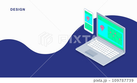 3d isometric flat laptop design. Vector notebook illustration. 3d flat location indicator. 109787739
