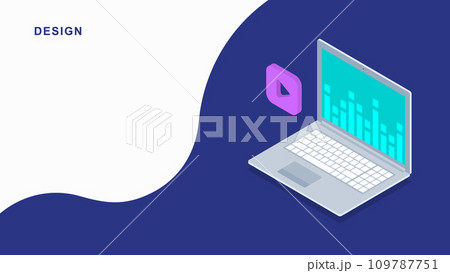 3d isometric flat laptop design. Vector notebook illustration. 3d flat play music. 109787751