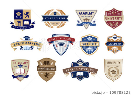 Education emblem. State college, academy and university badges with books, laurel wreaths and traditional shield shapes. Academic insignia vector label set Education emblem. State college, academy and university badges with books, laurel wreaths and traditional shield shapes. Academic insignia vector label set 109788122