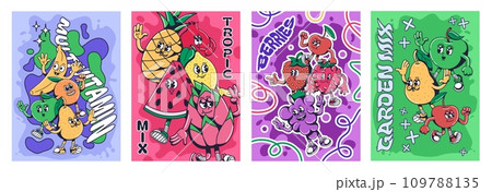Cartoon fruit mix. Multivitamin, tropical fruits and berries garden mix posters with 1930s mascot characters vector illustration set 109788135