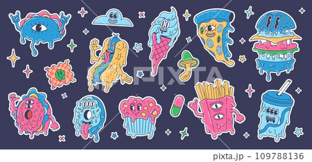 Trippy cartoon fast food stickers. Melted burger, crazy psychedelic junk food and acid street food trip vector illustration set 109788136