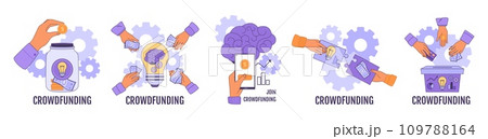Crowdfunding donation. Collective financial support for business startup or community project. Crowdfunding campaign vector illustration set 109788164