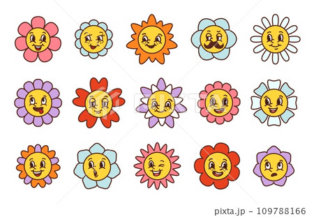 Cartoon flower faces. Happy smiling floral characters with various facial expressions, cute face with flower petals vector set 109788166