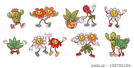 Cartoon blooming flower mascot. Cheerful plant characters with playful expressions, dancing and joyful garden actions vector set Cartoon blooming flower mascot. Cheerful plant characters with playful expressions, dancing and joyful garden actions vector set 109788168