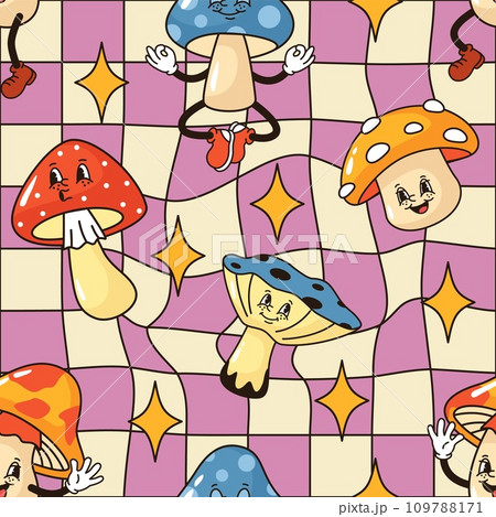 Trippy cartoon mushroom pattern. Psychedelic groovy fungi dancing on checkerboard seamless whimsical grid vector background illustration 109788171