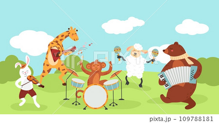 Cartoon forest animals concert. Cute zoo musicians play music with musical instruments, wild jazz band and wildlife characters musical performance vector illustration 109788181