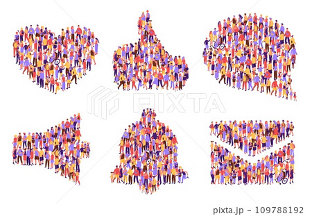 Top view isometric crowd icons. Heart shape, thumb up like, social speech balloon comment, notification bell and email envelope symbol Top view isometric crowd icons. Heart shape, thumb up like, social speech balloon comment, notification bell and email envelope symbol 109788192