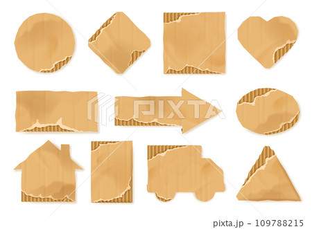 Cardboard shapes. Paperboard cutouts shapes of delivery truck, home icon, brown cardboard arrow and craft heart symbols isolated vector illustration set 109788215