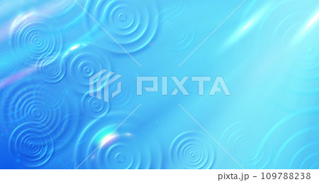 Top view rings on water. Rainy sunny day, radiant blue water surface with raindrops ripples circles vector background illustration Top view rings on water. Rainy sunny day, radiant blue water surface with raindrops ripples circles vector background illustration 109788238