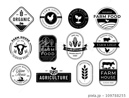 Stencil farm business emblems. Rancho mark, agriculture label and farm house branding template vector set Stencil farm business emblems. Rancho mark, agriculture label and farm house branding template vector set 109788255