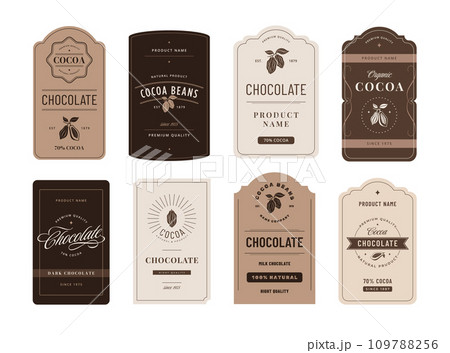 Cocoa label. Classic chocolate emblems with cocoa beans, artisanal product branding design template vector set 109788256