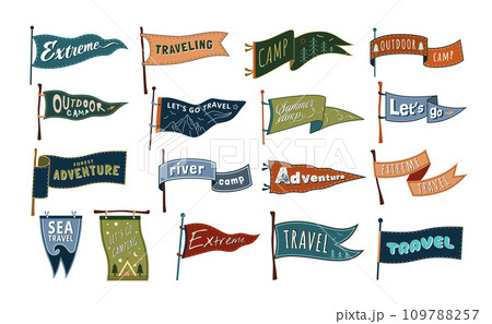 Travel pennants. Summer camp, let go travel and camping flags. Adventure and traveling banners vector set Travel pennants. Summer camp, let go travel and camping flags. Adventure and traveling banners vector set 109788257