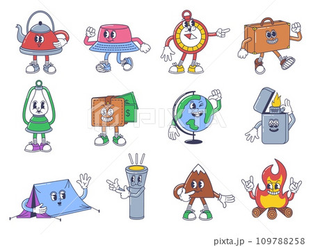 Cartoon travel mascots. Explorer adventure characters, camping tent, flashlight, campfire and mountain. Teapot, cap, compass and suitcase
