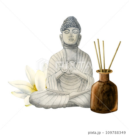 Buddha statue, aroma sticks in diffuser bottle and lotus flower watercolor illustration isolated on white background for spa relaxation, meditation, wellness and beauty design 109788349
