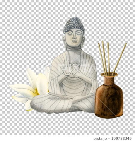 Buddha statue, aroma sticks in diffuser bottle and lotus flower watercolor illustration isolated on white background for spa relaxation, meditation, wellness and beauty design 109788349