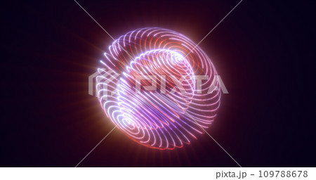 Abstract glowing looped light hi-tech energy purple round ball sphere atom clot of energy from lines and particles futuristic, abstract background Abstract glowing looped light hi-tech energy purple round ball sphere atom clot of energy from lines and particles futuristic, abstract background 109788678