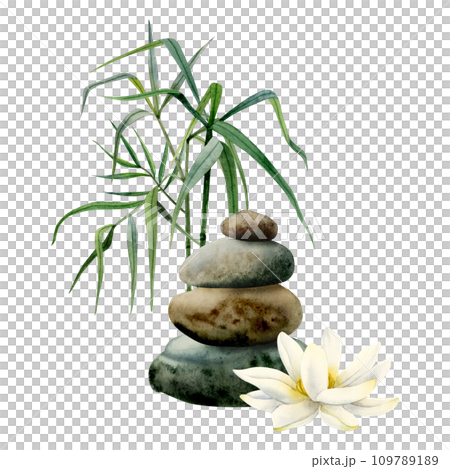 Lotus flower with balanced stones pyramid and bamboo realistic watercolor illustration isolated on white background for yoga, spa centers, Asian nature cosmetics and health care Lotus flower with balanced stones pyramid and bamboo realistic watercolor illustration isolated on white background for yoga, spa centers, Asian nature cosmetics and health care 109789189