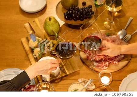 ワインで乾杯をする男女の手元 ワインで乾杯をする男女の手元 109790255