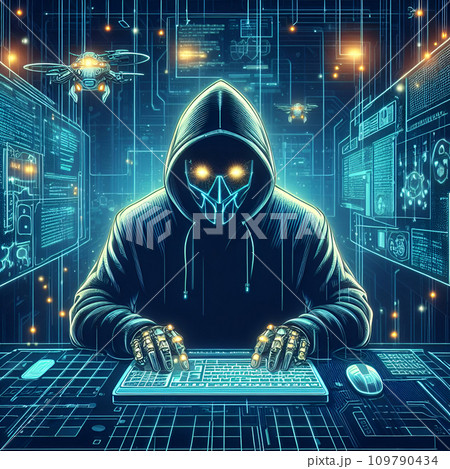 hacker in balaclava with laptop computer and virtual screen hacker in balaclava with laptop computer and virtual screen 109790434