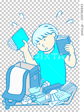 発達障害　注意欠陥により小学校での忘れ物が多いADHDの男の子のイラスト　シンプル 109790843