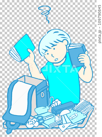 発達障害　注意欠陥により小学校での忘れ物が多いADHDの男の子のイラスト　シンプル 109790845