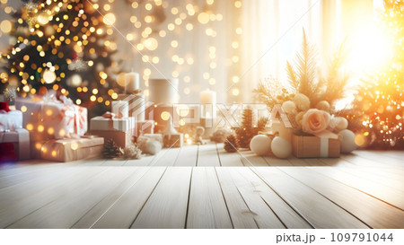 wooden table with gift boxes and decorations wooden table with gift boxes and decorations 109791044