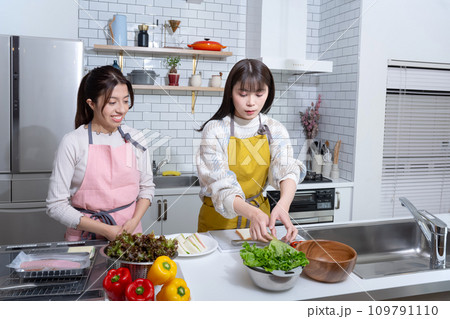 キッチンでサンドイッチを作る女性2人 キッチンでサンドイッチを作る女性2人 109791110