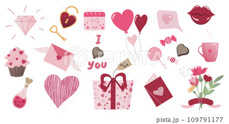 Big set of romantic doodle icons for Valentines day, 14 February, Wedding, isolated elements. Elements for poster, party, holiday invitation, festive banner, card. Vector cartoon illustration. 109791177