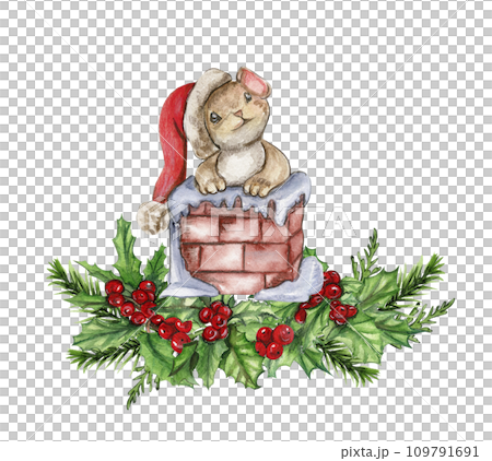 Watercolor Christmas mice in cartoon style composition. Watercolor Christmas hand drawn illustration for cards, backgrounds, scrapbooking and your design. 109791691