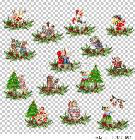 Watercolor Christmas mice in cartoon style composition. Watercolor Christmas hand drawn illustration for cards, backgrounds, scrapbooking and your design. 109791694
