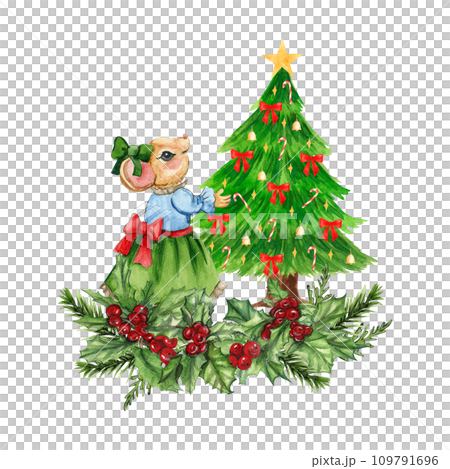 Watercolor Christmas mice in cartoon style composition. Watercolor Christmas hand drawn illustration for cards, backgrounds, scrapbooking and your design. Watercolor Christmas mice in cartoon style composition. Watercolor Christmas hand drawn illustration for cards, backgrounds, scrapbooking and your design. 109791696