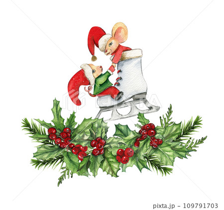 Watercolor Christmas mice in cartoon style composition. Watercolor Christmas hand drawn illustration for cards, backgrounds, scrapbooking and your design. Watercolor Christmas mice in cartoon style composition. Watercolor Christmas hand drawn illustration for cards, backgrounds, scrapbooking and your design. 109791703