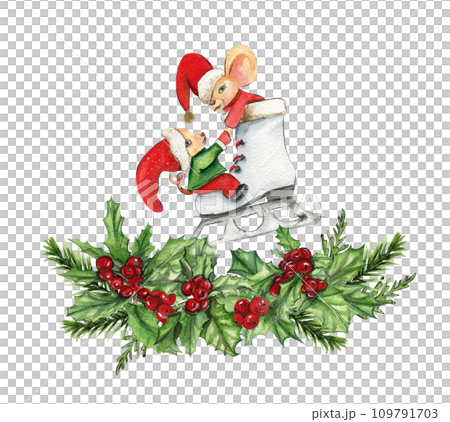 Watercolor Christmas mice in cartoon style composition. Watercolor Christmas hand drawn illustration for cards, backgrounds, scrapbooking and your design. Watercolor Christmas mice in cartoon style composition. Watercolor Christmas hand drawn illustration for cards, backgrounds, scrapbooking and your design. 109791703
